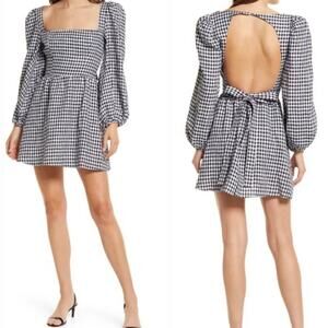 Reformation Brodie April Black Gingham Check Linen Open Back Mini Dress Size 10
